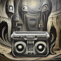 A boombox reflecting the surroundings in a cave, Painting by H.R. Giger, Closeup
