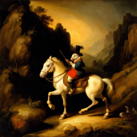 A mouse riding on a horse in a mountainside scene, Painting by Rembrandt
