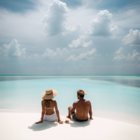 A couple relaxing in a private sandbank in the Maldives