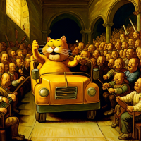 Garfield driving a school bus in a rock concert, Painting by Leonardo Da Vinci